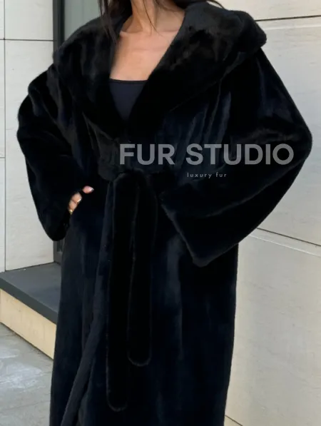Норка кимоно BLACKGLAMA роспуск, капюшон кобра - фото 1