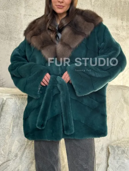 Шуба норка кимоно - капюшон куница - фото 2