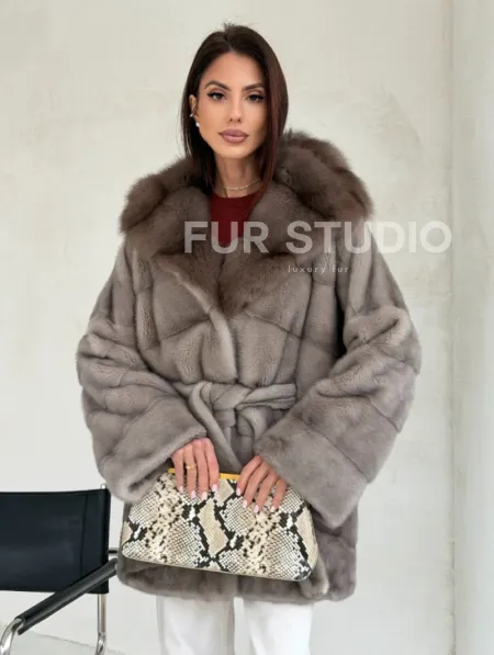 Серый норковый полушубок - капюшон куница - фото 0