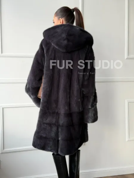 Норковая шуба с капюшоном - графит - фото 8