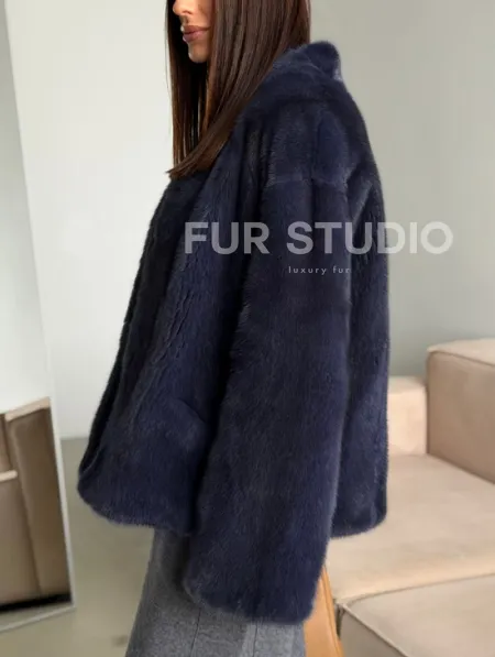 Короткий норковый жакет - синий графит - фото 3