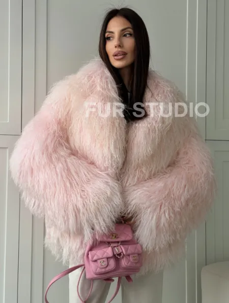Шуба из меха ламы - цвет розовый - фото 0