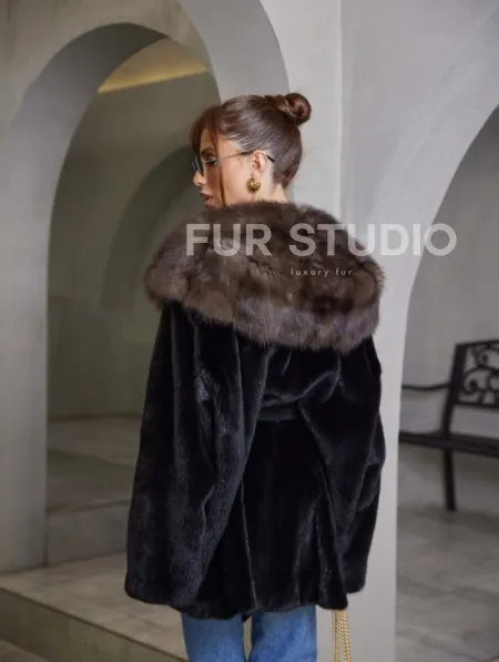 норка в роспуск шуба - черная с капюшоном куница - фото 3