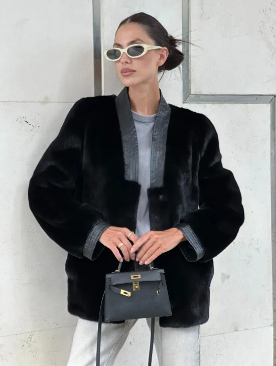 Шуба - жакет из меха норки с отделкой из кожи - фото 0