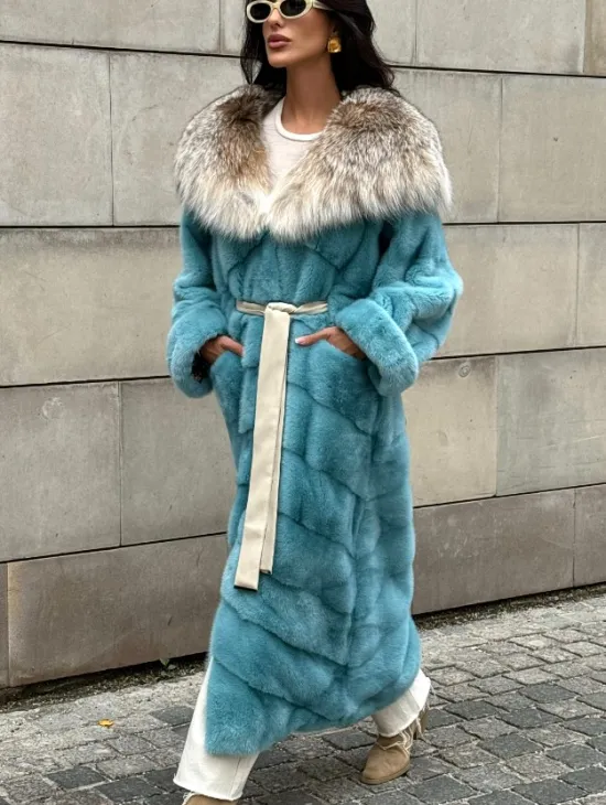 Шуба норковая с капюшоном из меха рыси - цвет Тиффани - фото 9