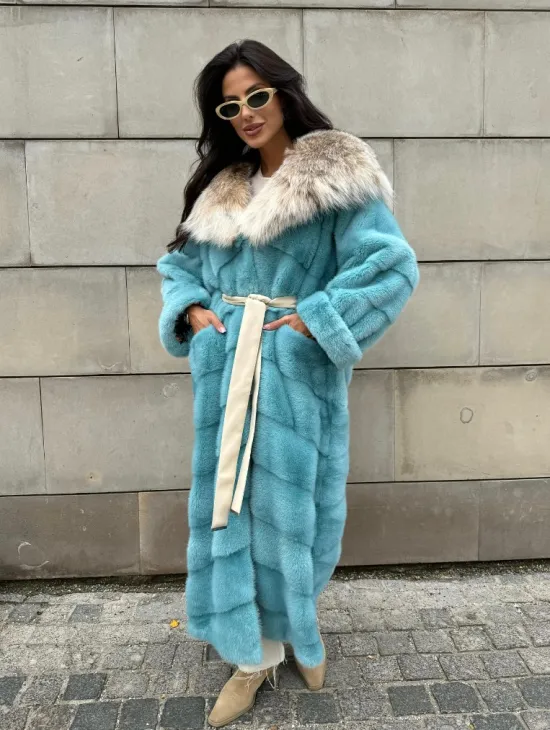 Шуба норковая с капюшоном из меха рыси - цвет Тиффани - фото 0