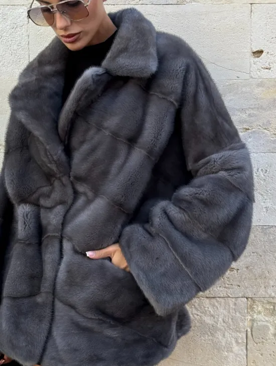 Короткая норковая шуба с английским воротником - цвет графит - фото 1