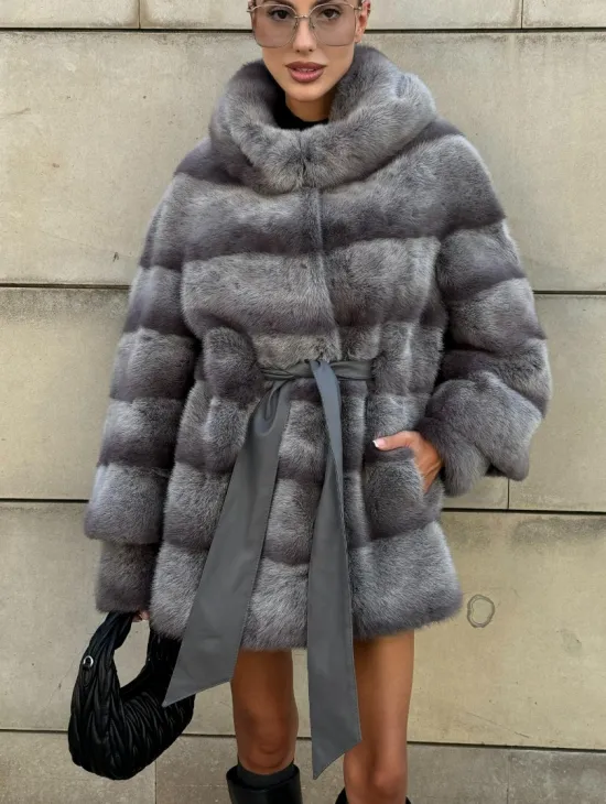 Норковая шуба с рукавом трансформер, капюшон - цвет PLATINUM (СЕРЫЙ) - фото 5