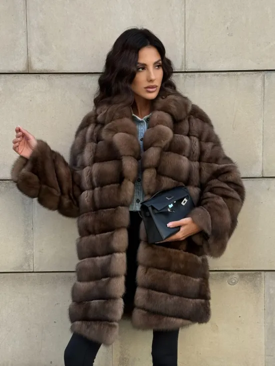 Меховое манто из баргузинского соболя с диагональной раскладкой, SILVER 1-2 - фото 9