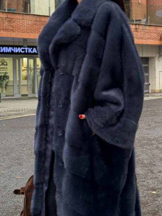 Норковая шуба-пальто в цвете джинс, стиль  “Бохо“ — батальный размер - фото 3