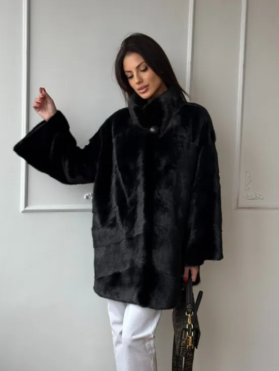 Черный полушубок из натурального меха, стойка воротник - фото 8