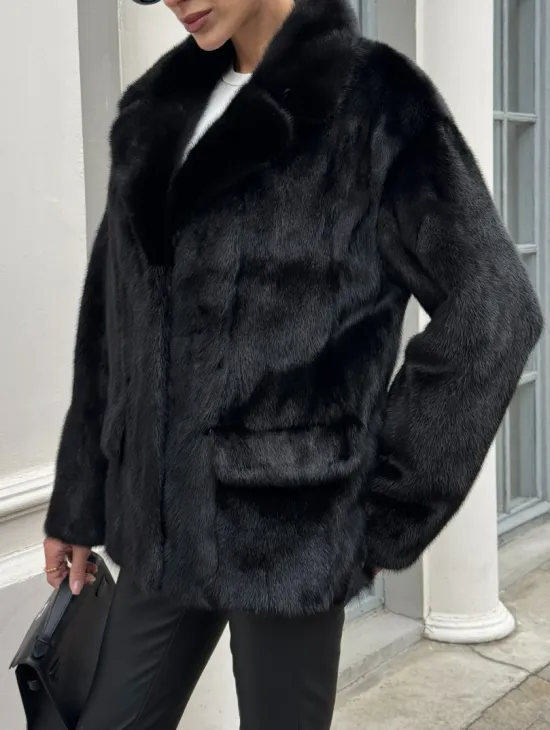 Черная норковая шуба - жакет с английским воротником - фото 2
