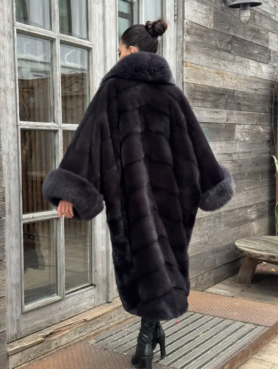 Женская норковая шуба в стиле «Бохо» с отделкой на воротнике и рукавах из меха песца - фото 7