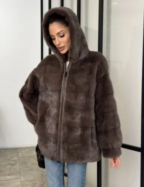 Норковый полушубок с капюшоном на молнии - фото 6