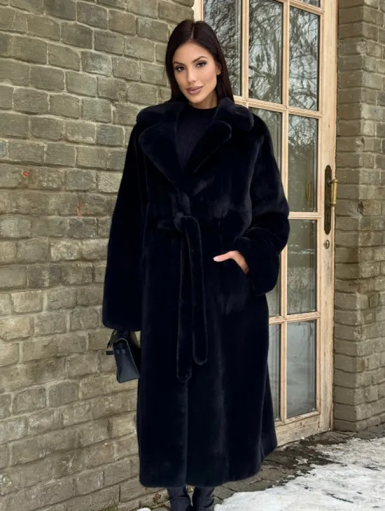 Шикарное норковое кимоно с английским воротником в черно-синем цвете - фото 9