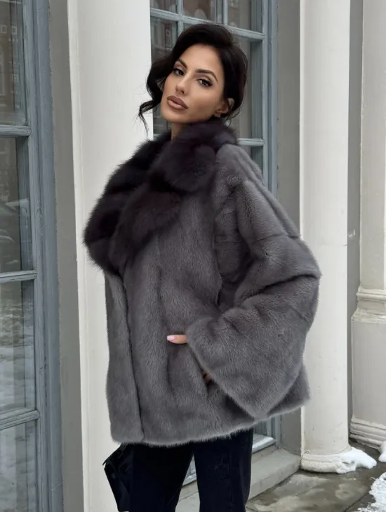 Автоледи шуба норковая с воротником из меха куницы - серый графит - фото 8