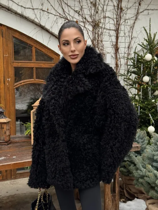 Черная короткая шуба - дубленка из испанской овчины «Тиградо» - фото 11