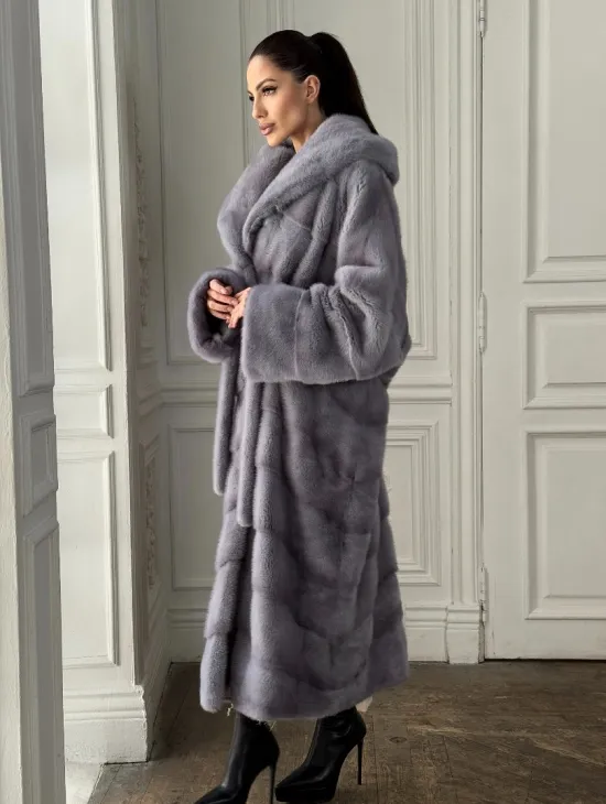 Длинная голубая норковая шуба с капюшоном PLUS SIZE - фото 2