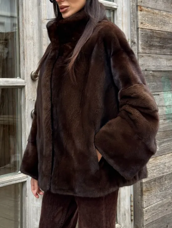 Норковый полушубок из меха аукционной норки, стойка воротник - фото 1