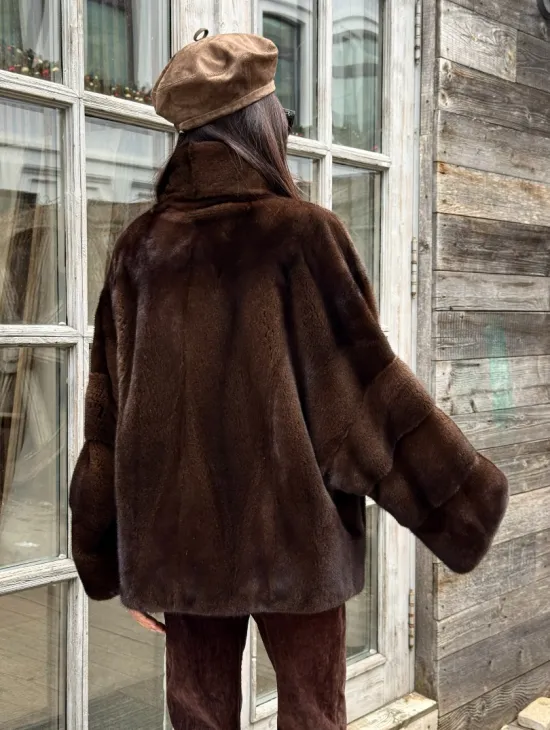 Норковый полушубок из меха аукционной норки, стойка воротник - фото 3