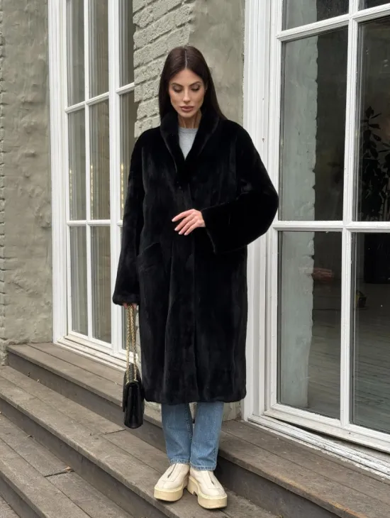 Шуба из норки Black в классической выкладке с воротником стойка-шаль - фото 11