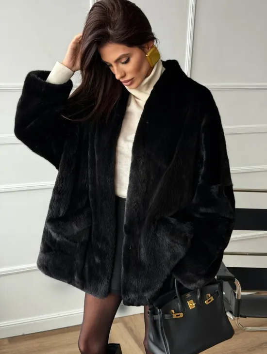 Жакет - шуба из норки BLACK с V-образным воротником, косыми карманами - фото 7