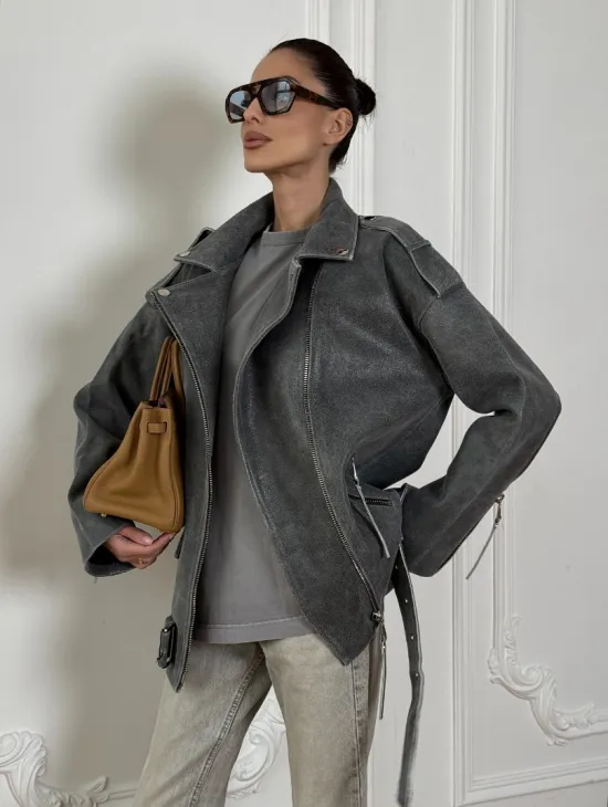 Винтажная кожаная косуха оверсайз - серый графит - фото 4