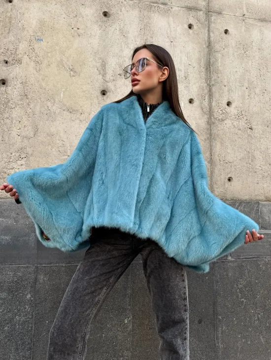 Норковая шуба летучка с V-образным воротником, цвет - тиффани - фото 9