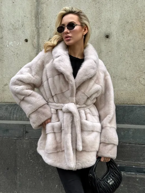 Светлый норковый полушубок PREMIUM FUR с английским воротником - фото 6