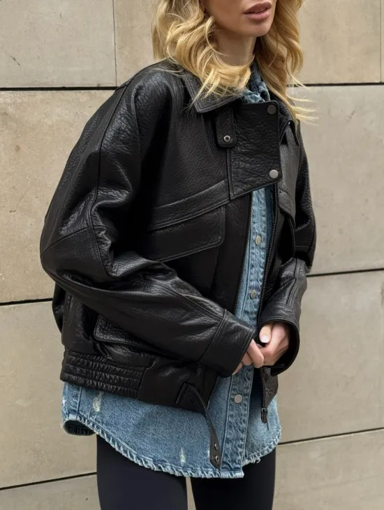 Трендовая куртка - бомбер oversize из натуральной кожи Joomba - фото 3