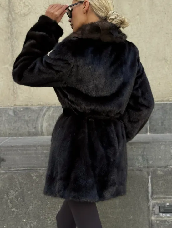 Норковая шуба махагон с куницей - фото 3