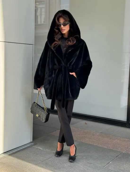 Пончо из норки с капюшоном кобра - черно-синий - фото 6