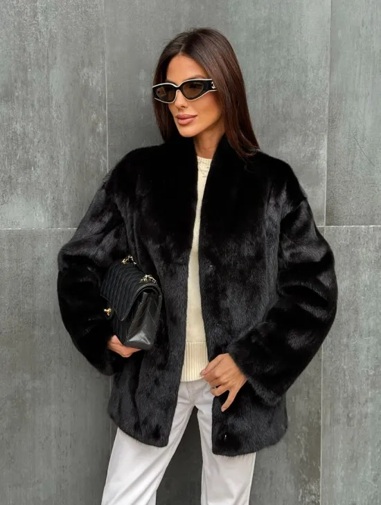 Черный норковый полушубок V-образный воротник - фото 4
