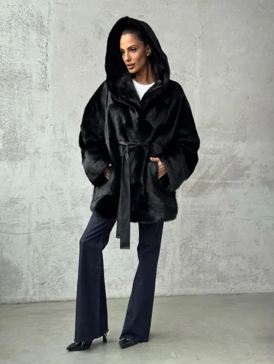 Полушубок черный норковый с капюшоном - фото 11