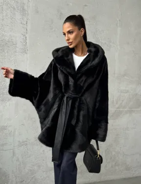 Полушубок черный норковый с капюшоном - фото 12