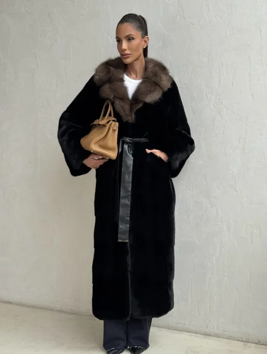 Черная норковая шуба - воротник куница - фото 5