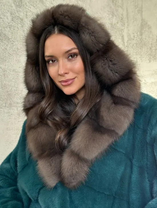 Шуба норка кимоно - капюшон куница - фото 4