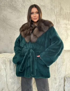 Шуба норка кимоно - капюшон куница - фото 8