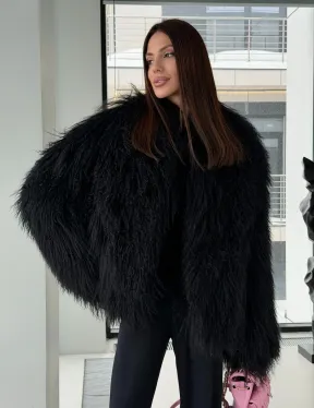 Полушубок черный из ламы - фото 8