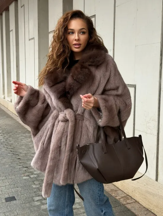 Норковая шуба летучка - воротник куница - фото 10