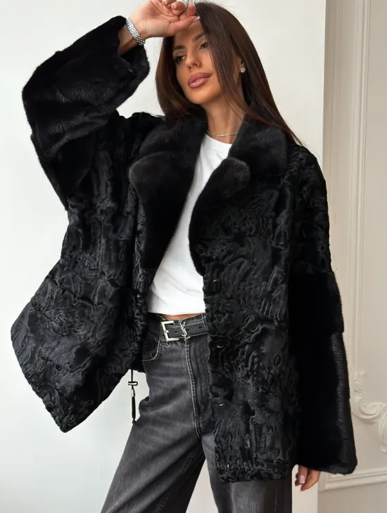 Полушубок из каракуля с норкой - фото 4