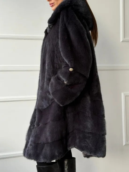 Норковая шуба с капюшоном - графит - фото 4