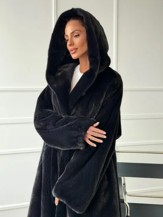 Шуба из норки BLACKGLAMA  с капюшоном в роспуск - фото 5