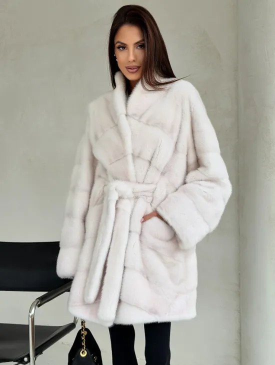 Белая шуба-кимоно, мех норка - фото 0