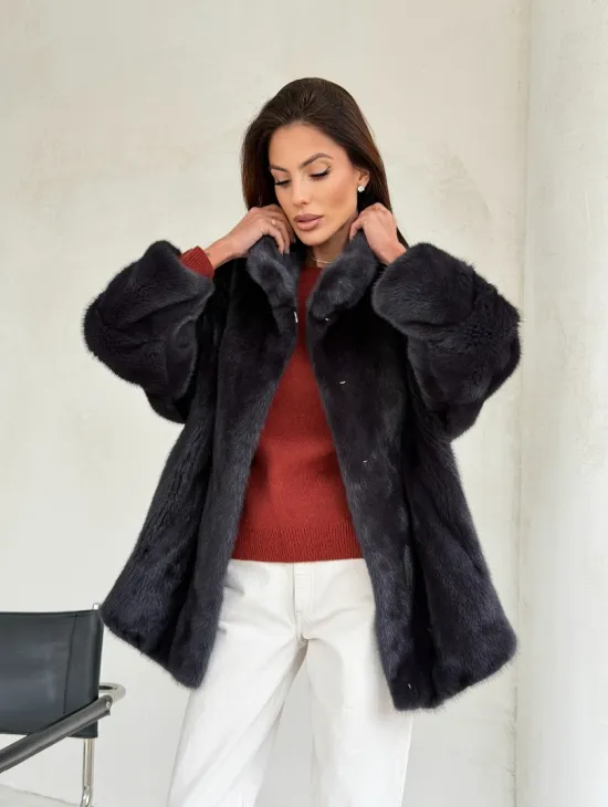 Норковый полушубок графит - стойка воротник - фото 9