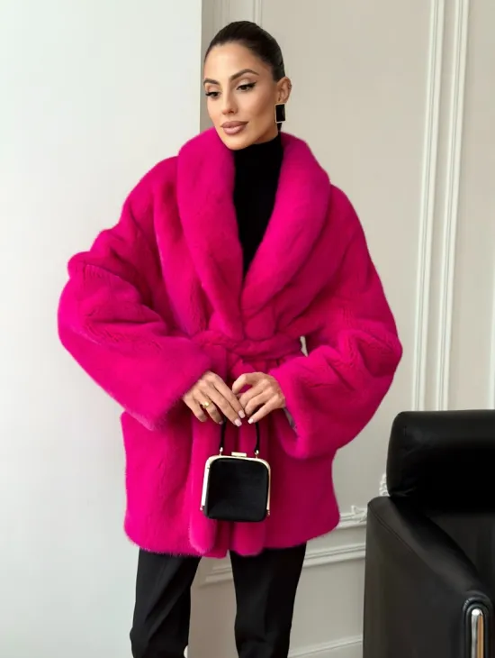 Шуба из плюшевой норки Velvet - фуксия - фото 10