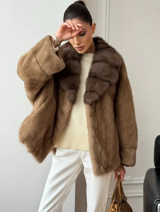 Норковый полушубок с воротником куницы 70 см - фото 3