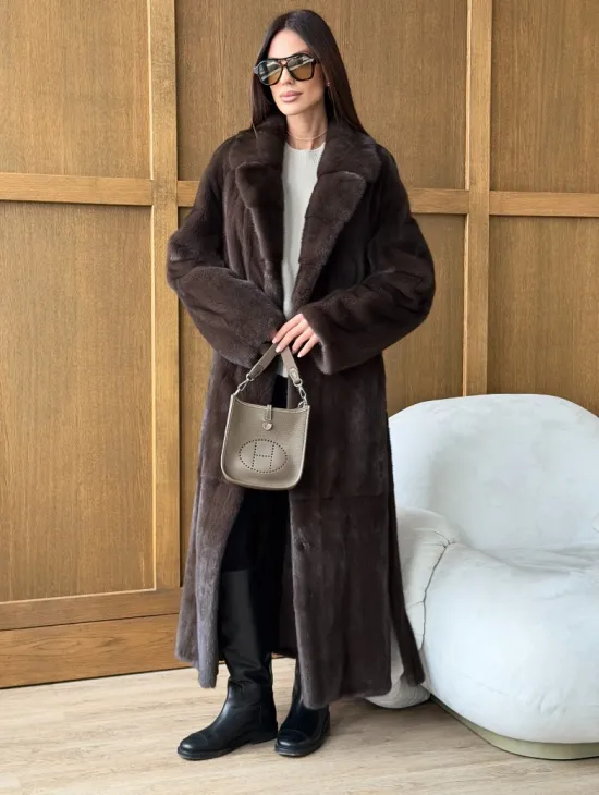 Норковая шуба - прямой крой с меховым поясом - фото 6