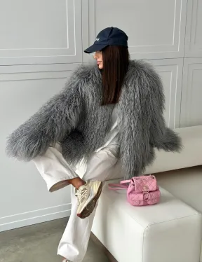 Серая шуба из натурального меха ламы - фото 16