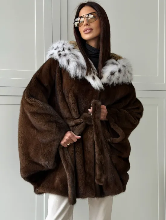 Норковая шуба с капюшоном по рысь - фото 0